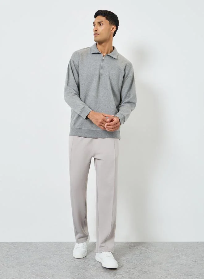 Styli Men Grey Zip-Neck Fleece Sweatshirt